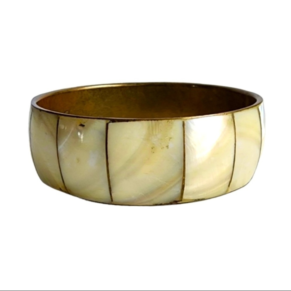 Vintage Mother Of Pearl Bangle Bracelet Brass‎ African Chunky Boho Bohemian 60s